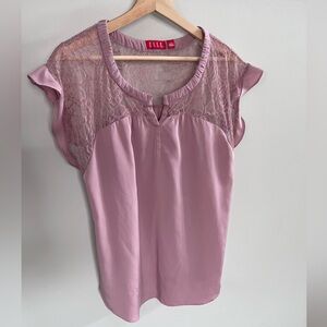 ELLE Dusty Rose Lace Yoke Short Sleeve Top – Large Women's Feminine Blouse